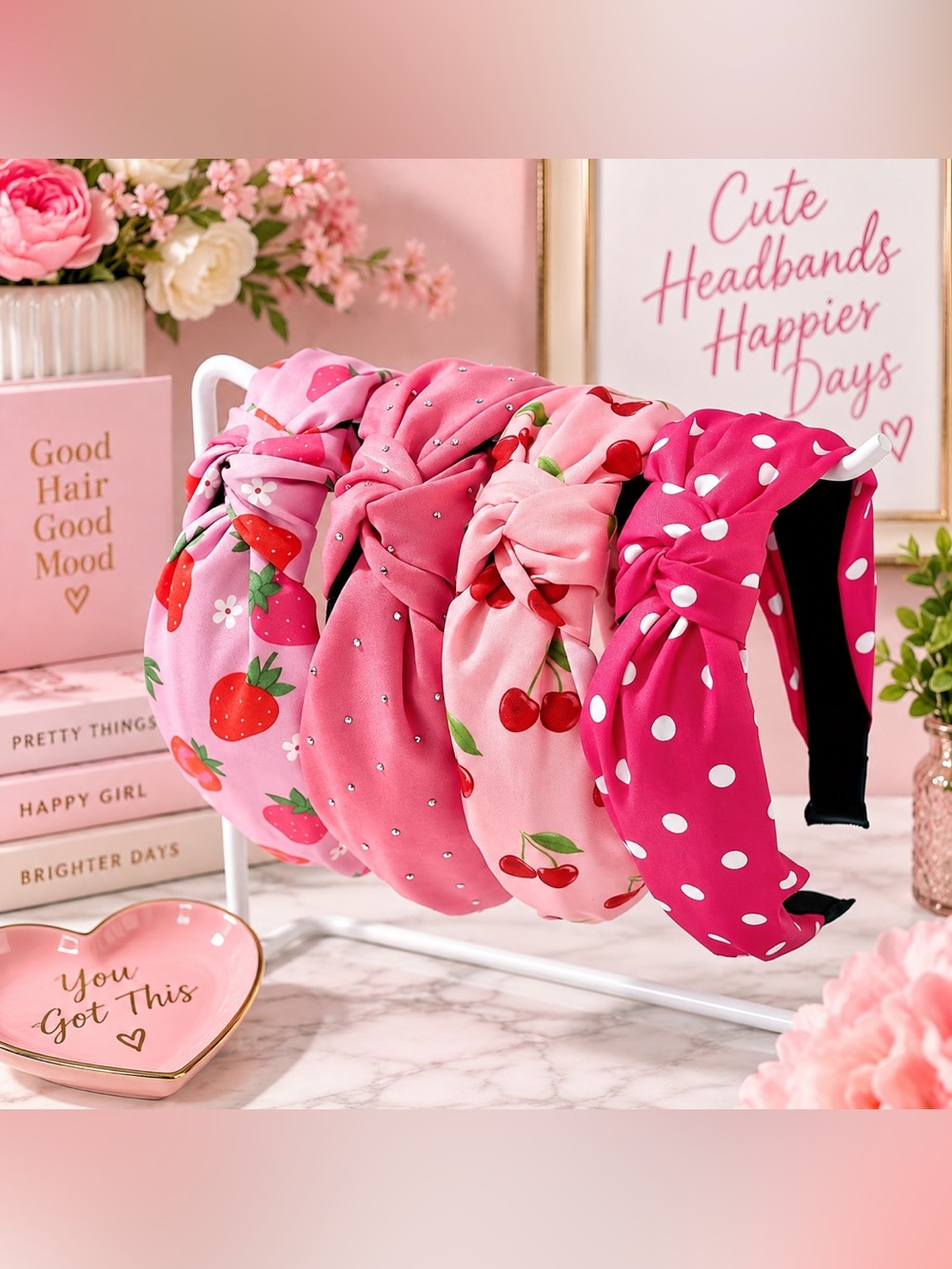 4-Piece Pink & Red Knot Headband Set – Strawberry Cherry Rhinestone Polka Dot